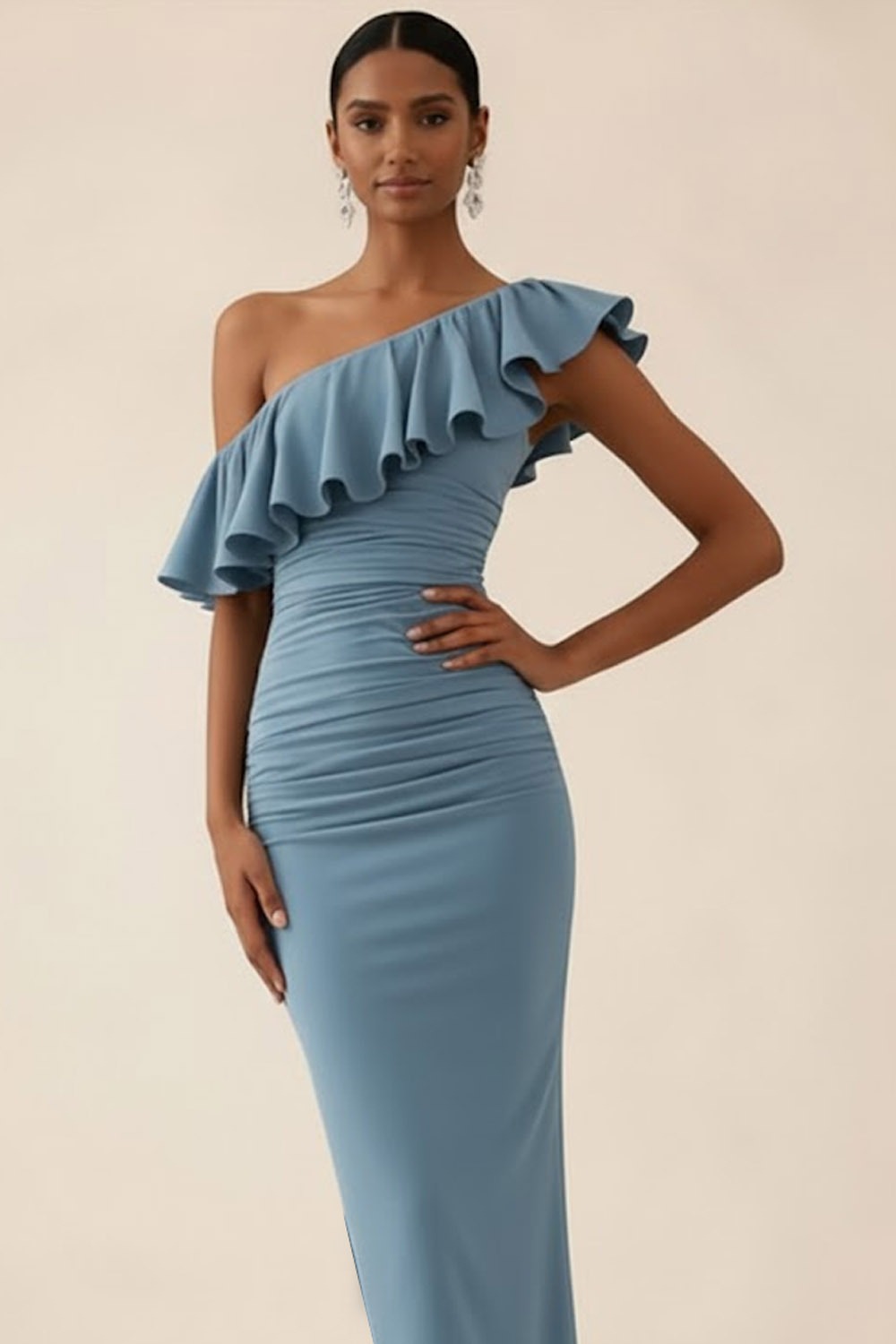 Dusty Blue Evening Formal Dress Sheath One Shoulder Ruffle Maxi Dress