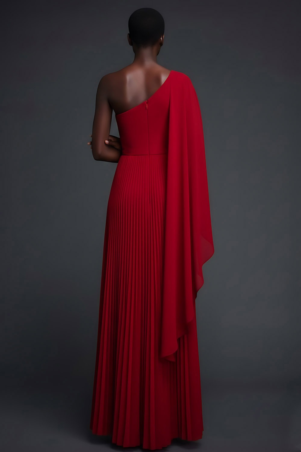 Red Formal Evening Dress One Shoulder Pleated Maxi Dress with Cape