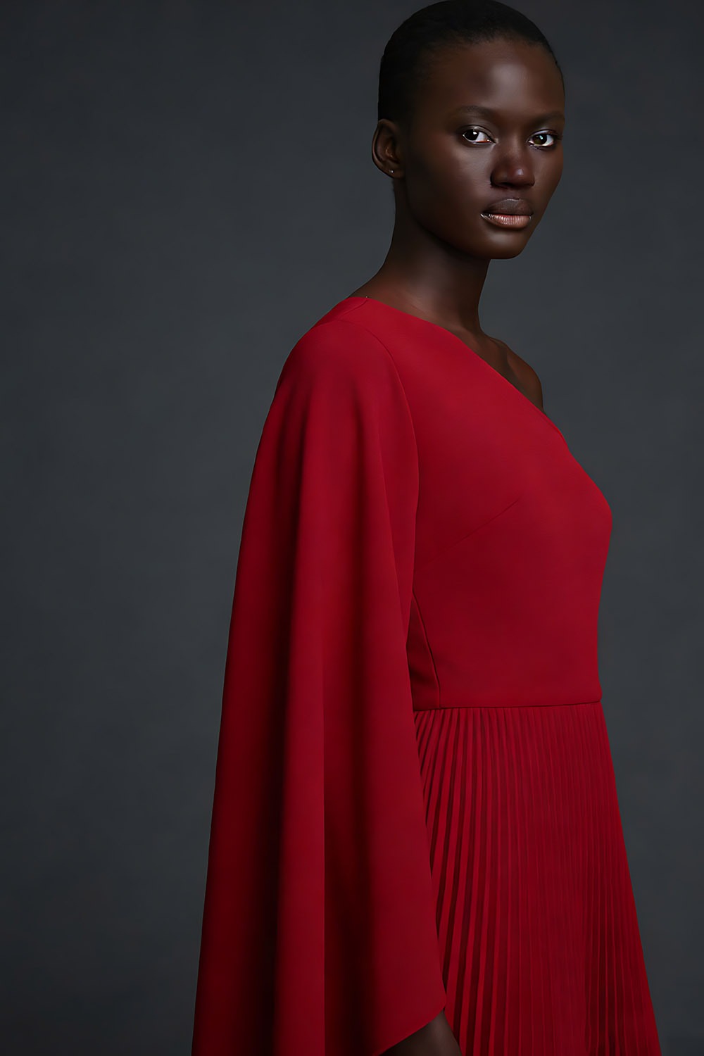 Red Formal Evening Dress One Shoulder Pleated Maxi Dress with Cape