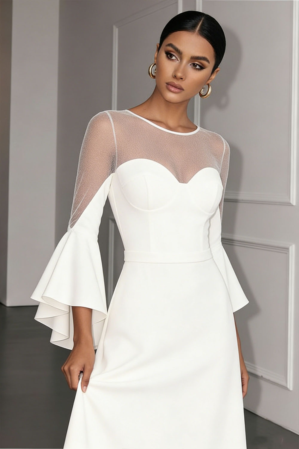 White Formal Evening Dress A-Line Illusion Neck Chiffon Maxi Dress