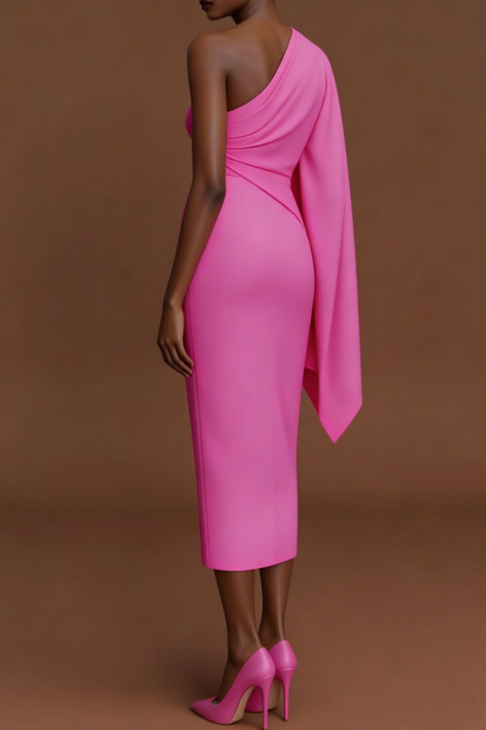 Fuchsia Formal Evening Dress One Shoulder Ruffle Sleeve Midi Dress
