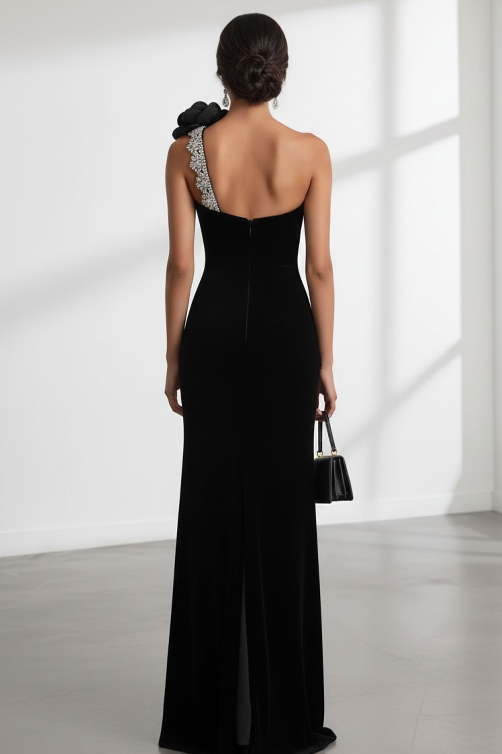 Black Formal Evening Dress One Shoulder Maxi Dress with 3D Flower