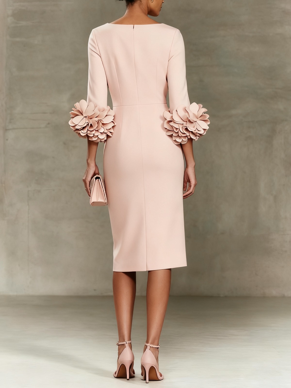 Light Pink 3D Floral Classic Crew Neck Half Sleeve Sheath Midi Dress