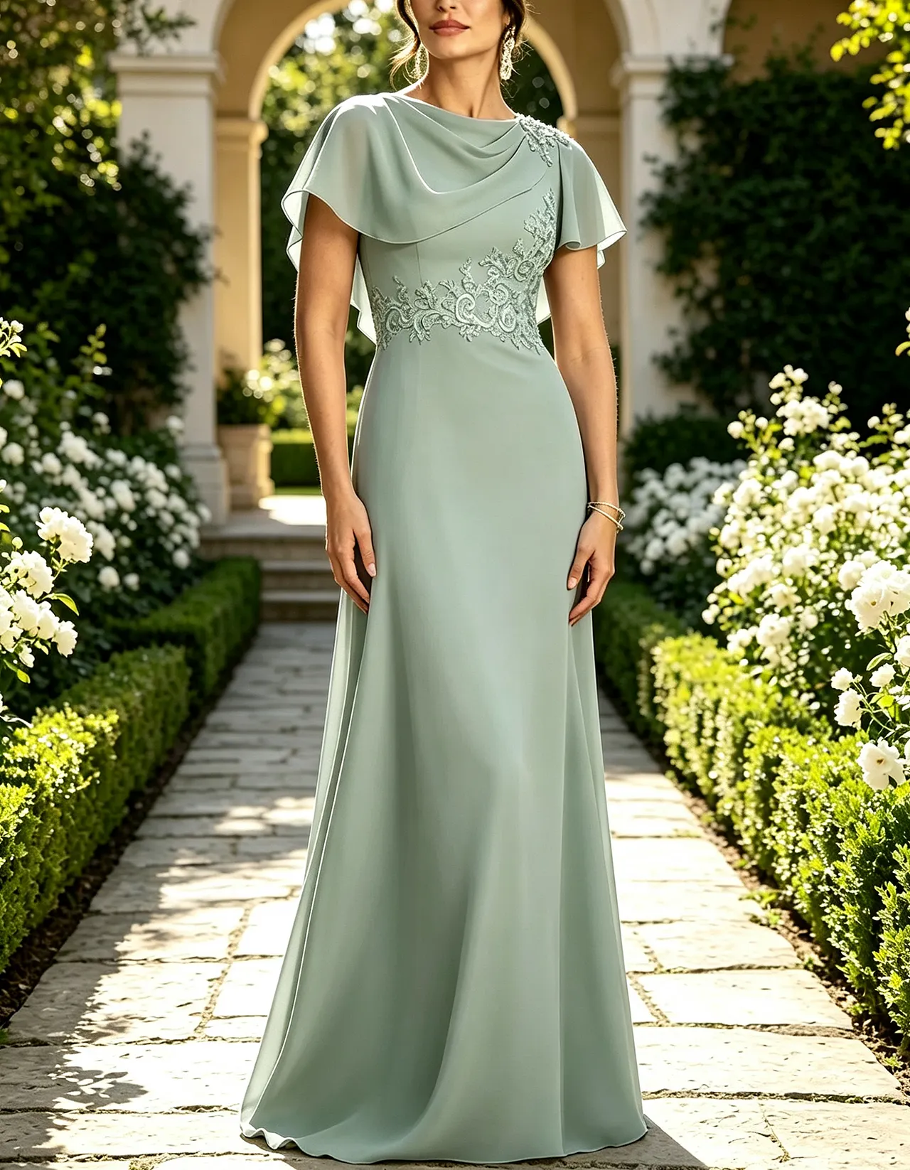 Chiffon Cowl Neck Cape Flutter Sleeves Lace Embroidery Maxi Dress