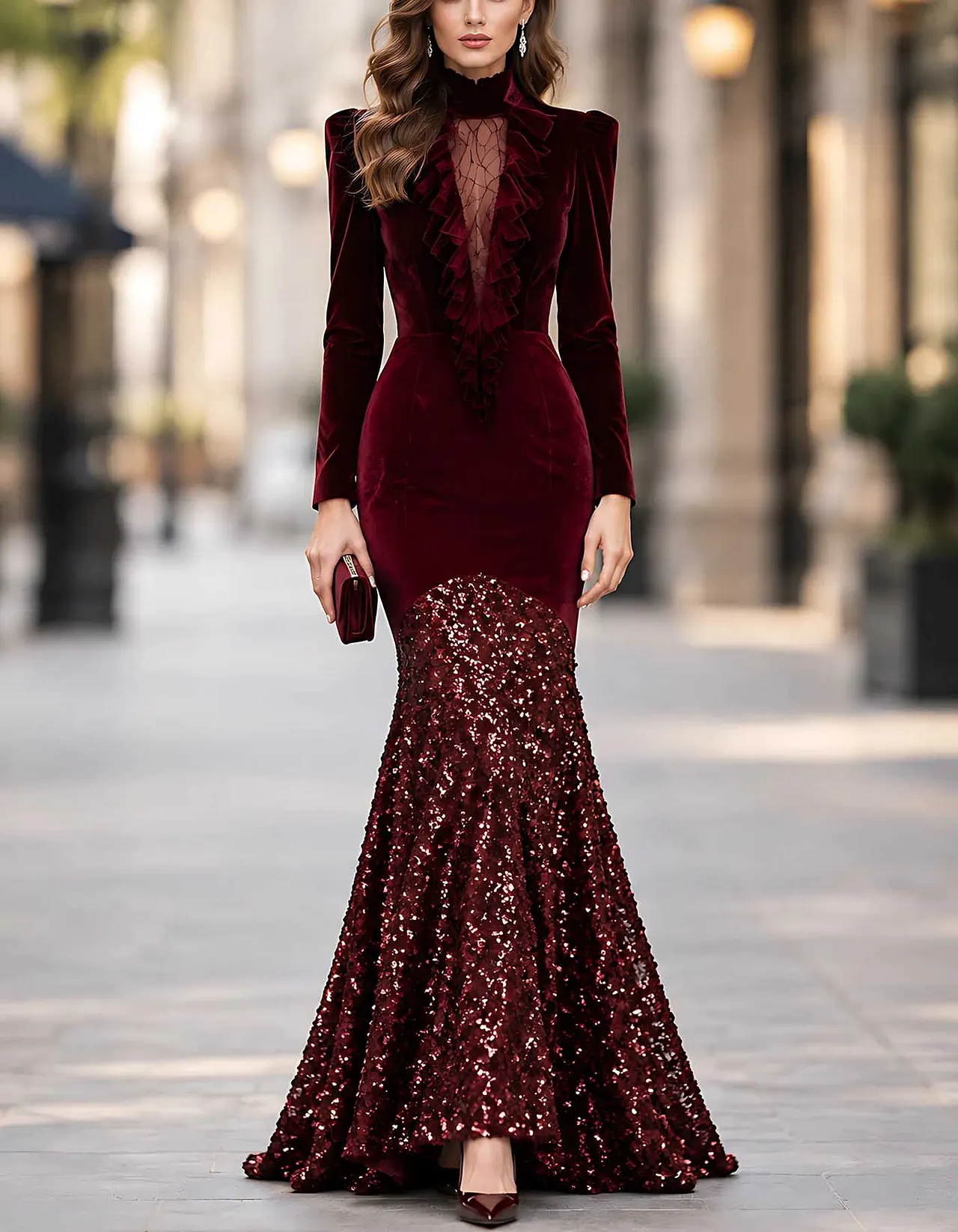 Burgundy Ruffle Mesh Panel Velvet Long Sleeve Sequin Maxi Dress