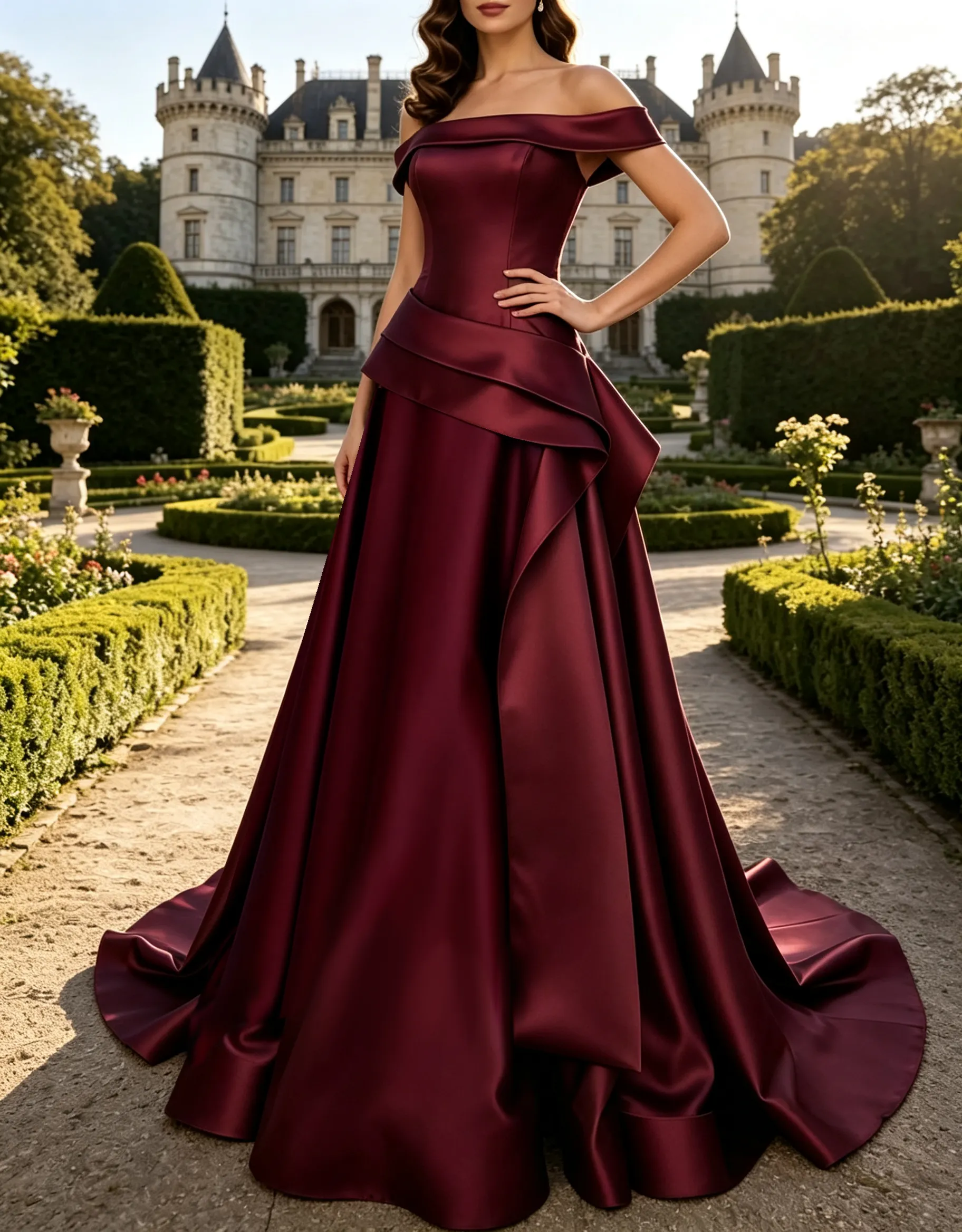 Off The Shoulder Satin Draped Ruffle Waist A-Line Maxi Dress