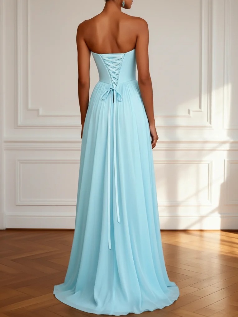 Light Blue 3D Floral Ruched Chiffon Strapless Sleeveless A-Line Floor Length Dress