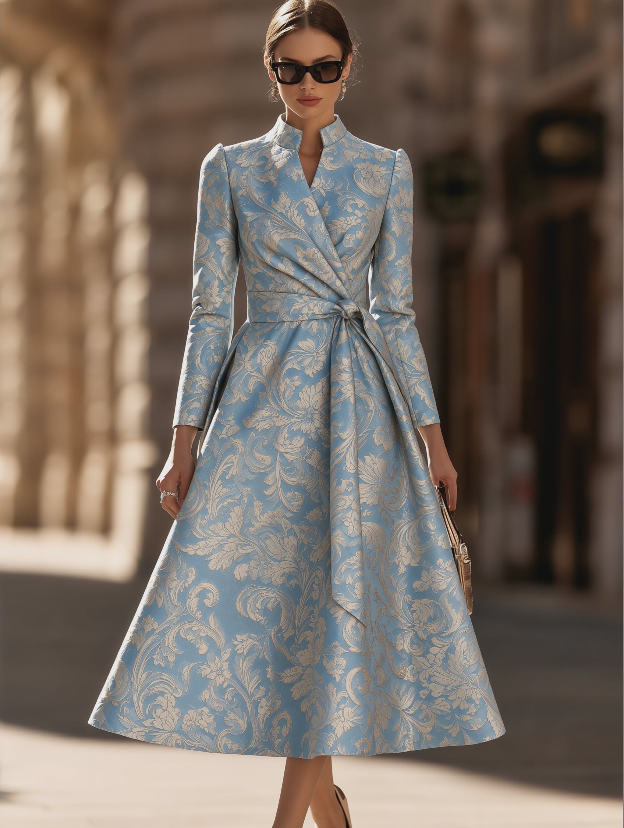 Light Blue Baroque Floral Wrap Midi Dress