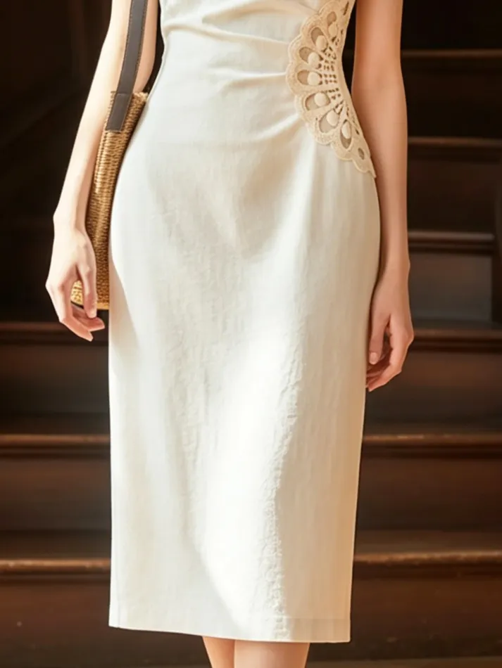 Midi Linen Dress, Cap Sleeves, Boat Neck, Lace, French Vintage, White