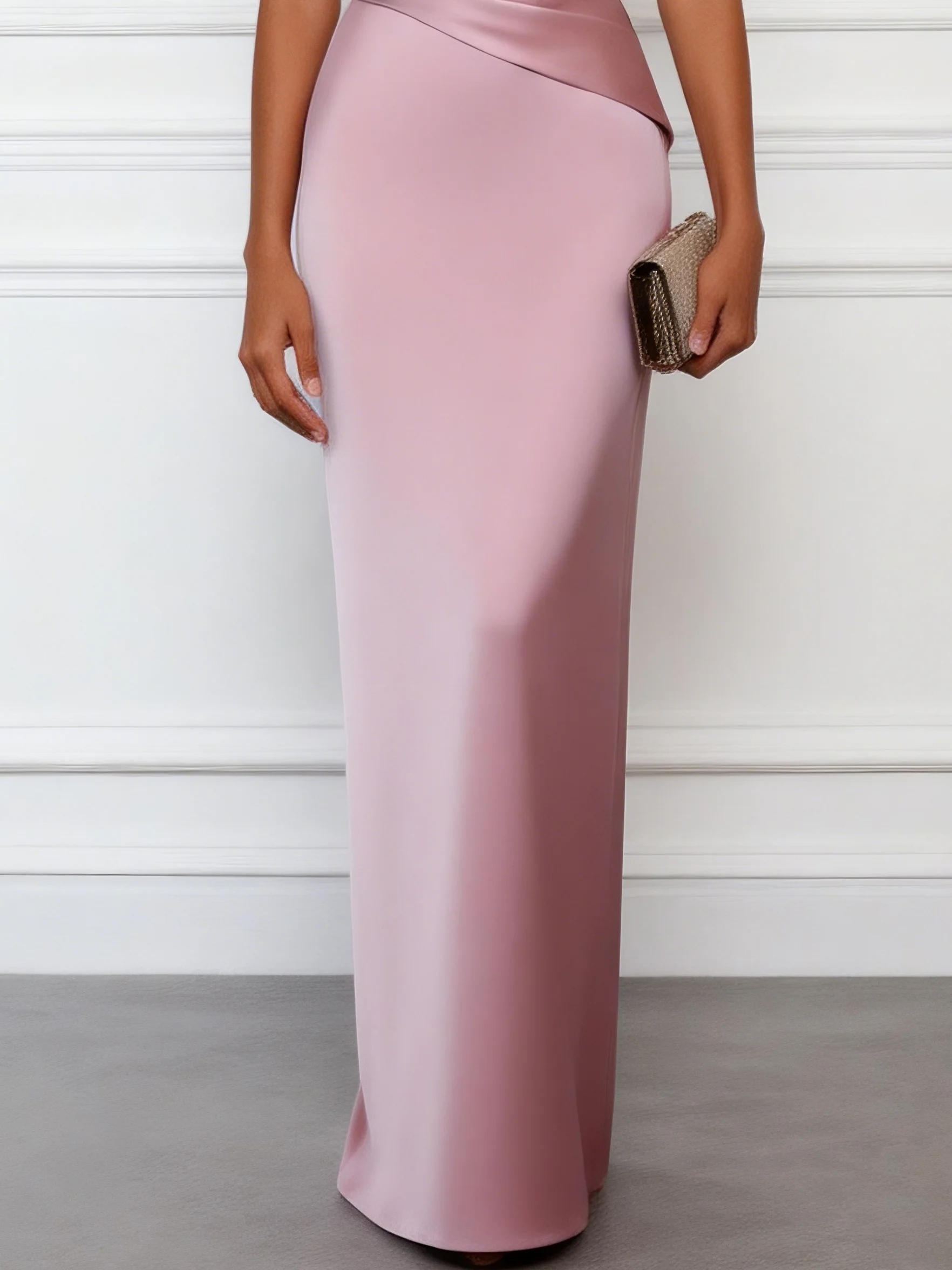 Pink Satin One Shoulder Short Sleeve Sheath Gown Dress