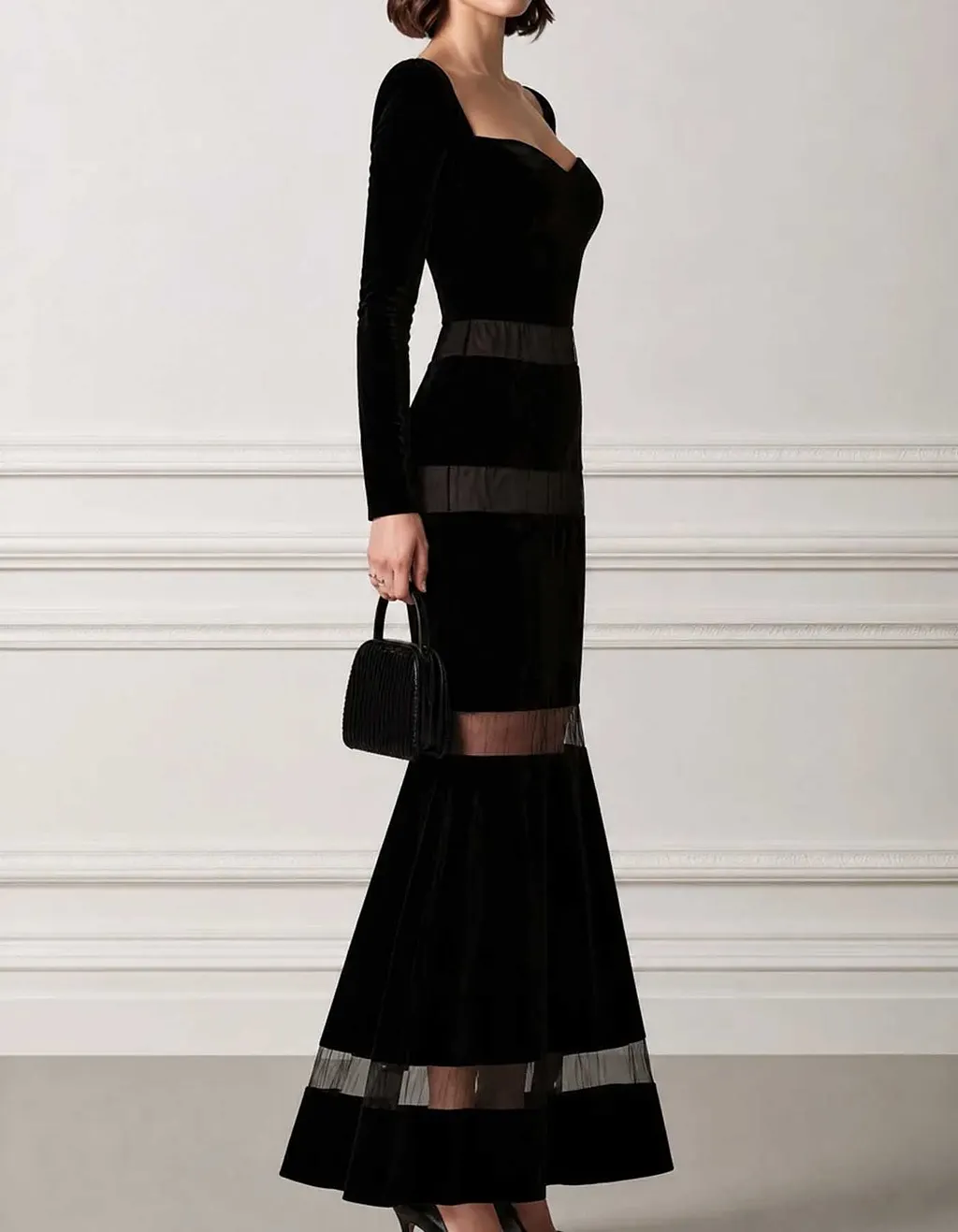 Black Velvet Sweetheart Neck Long Sleeve Mesh Panel Midi Dress