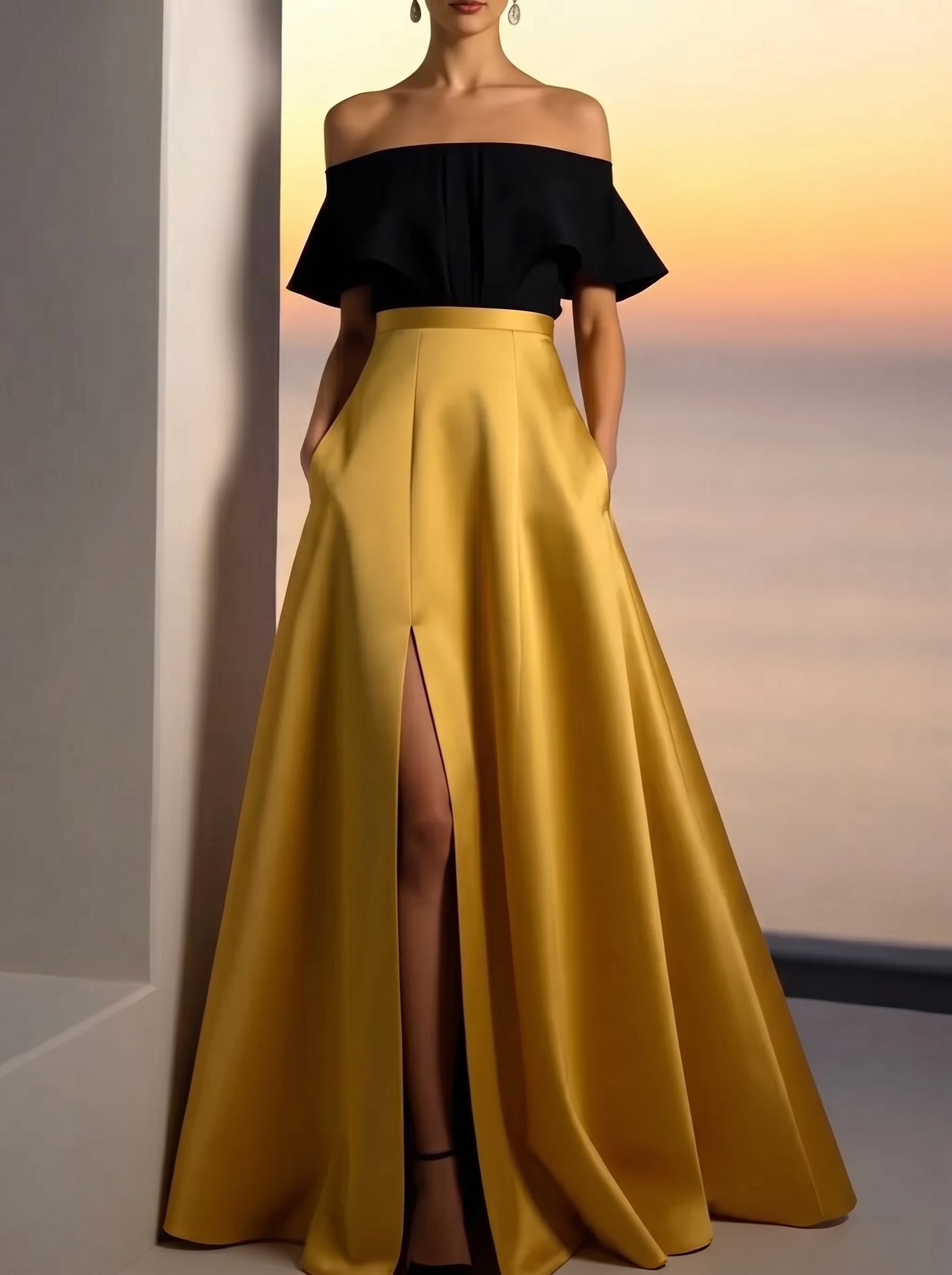 Gold Formal Dress A-Line Off the Shoulder Satin Maxi Dress with Pocket