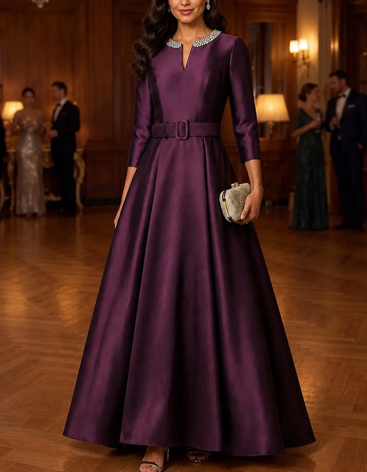 Satin Sequin Neck Belted 3/4 Sleeve A Line Maxi Dress