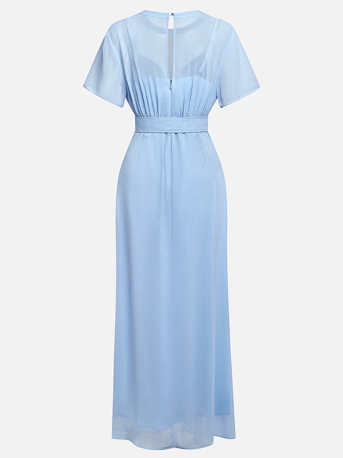 Light Blue Ruched Mesh Chiffon Crew Neck Short Sleeve A-Line Maxi Dress