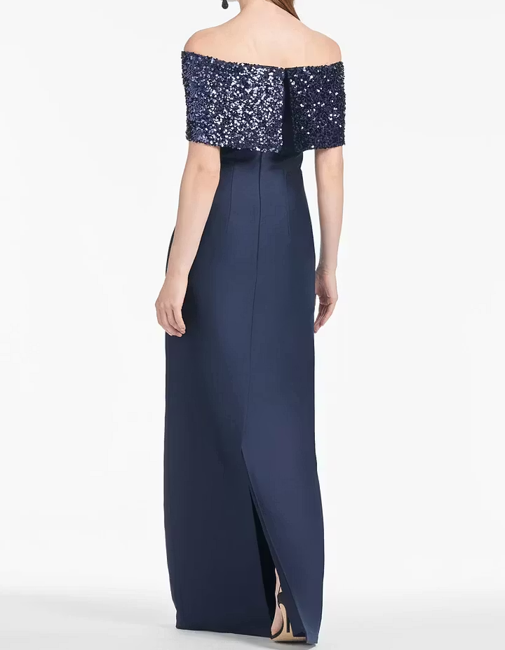 Navy Blue Velvet Sequin Off-Shoulder Satin Fishtail Maxi Dress