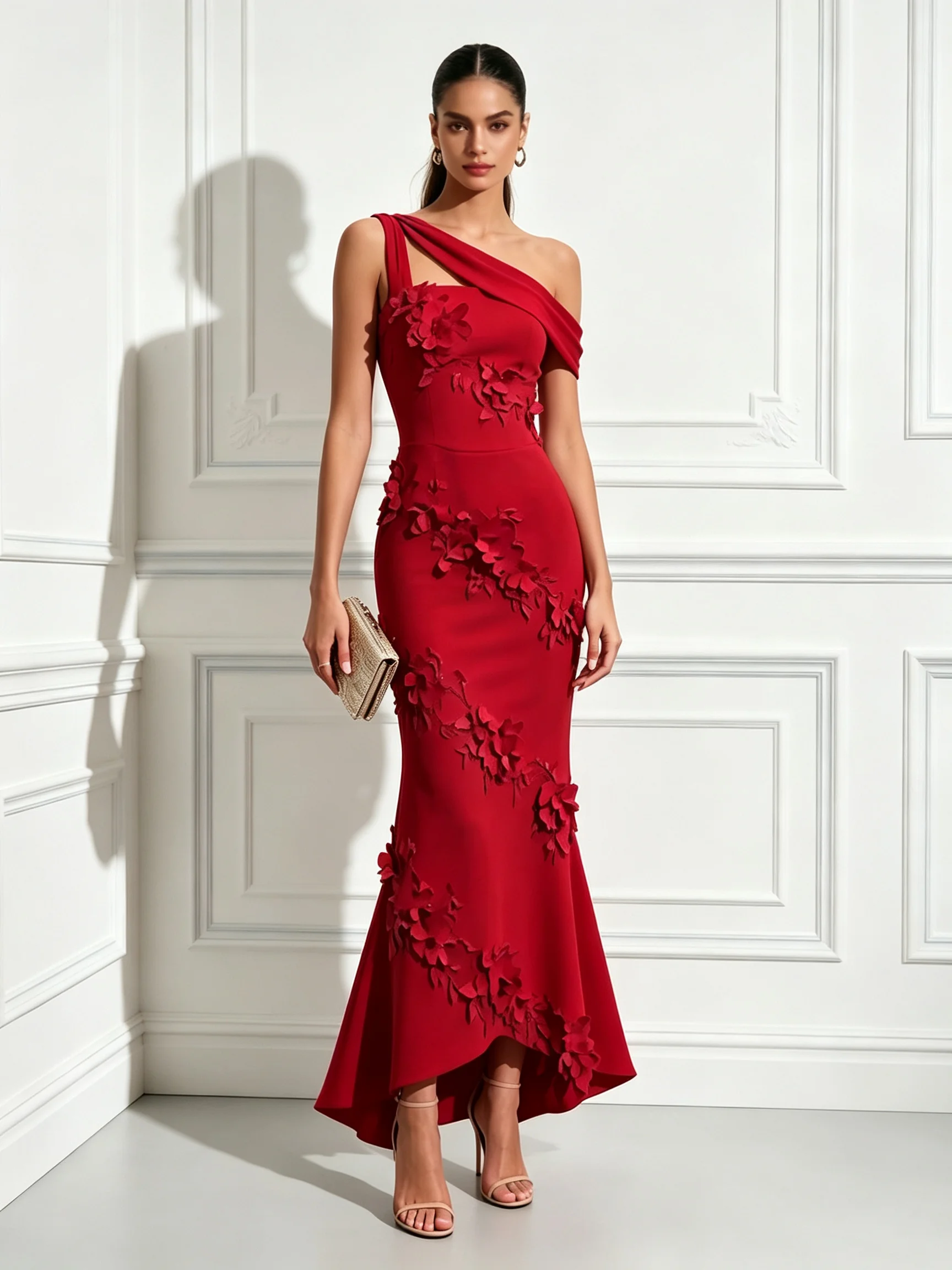 Red 3D Floral Classic One Shoulder Sleeveless Mermaid Maxi Dress