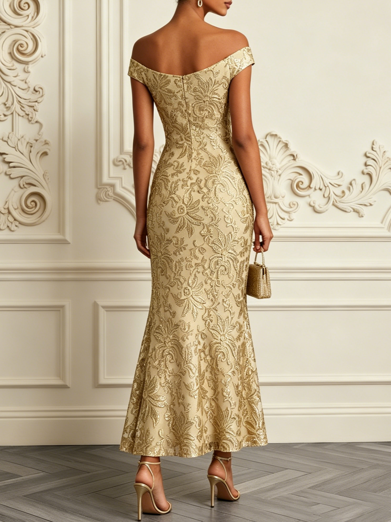 Champagne Jacquard Bone Lace Off The Shoulder Short Sleeve Mermaid Maxi Dress