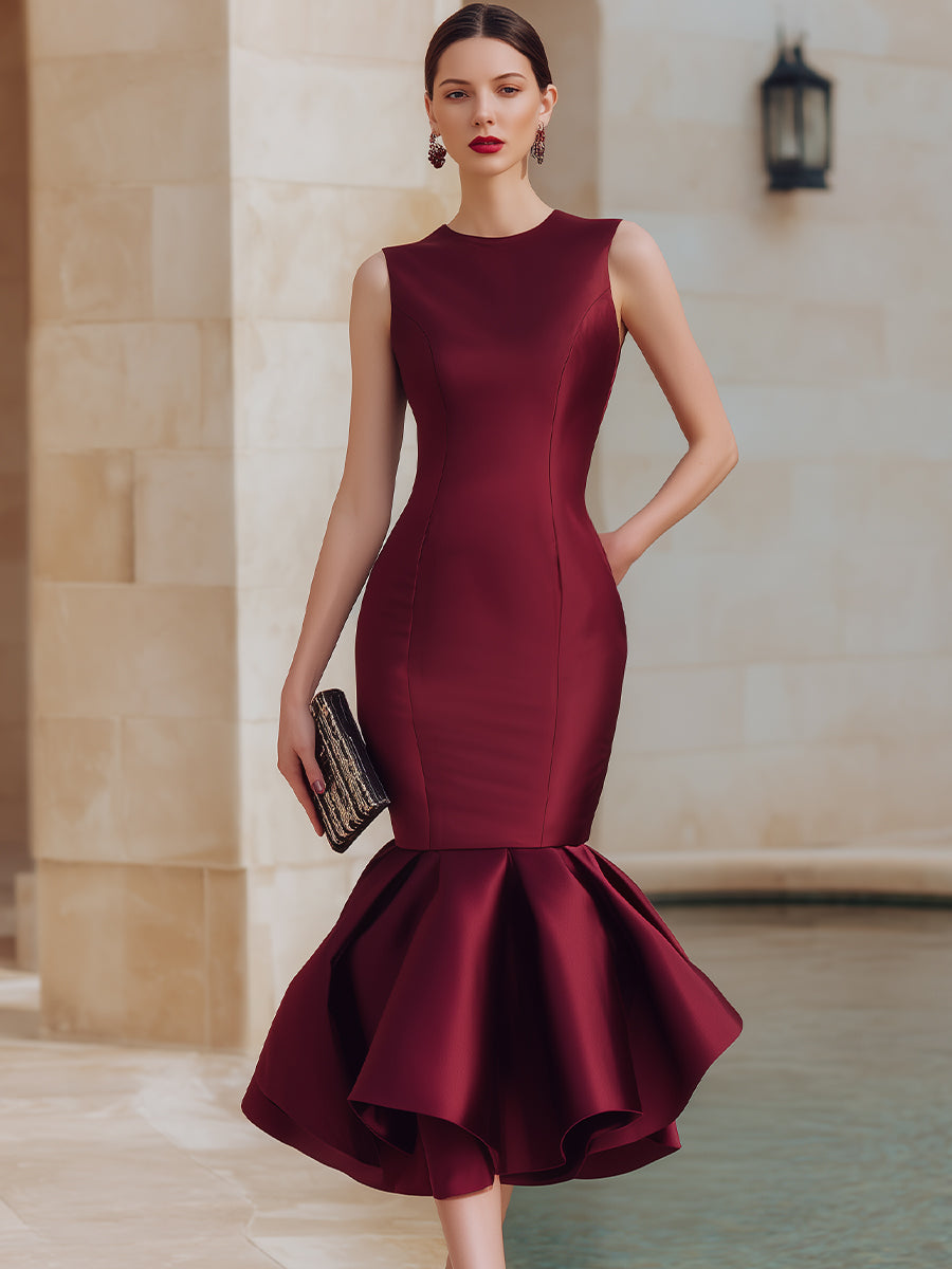 Burgundy Sleeveless Mermaid Hem Midi Dress