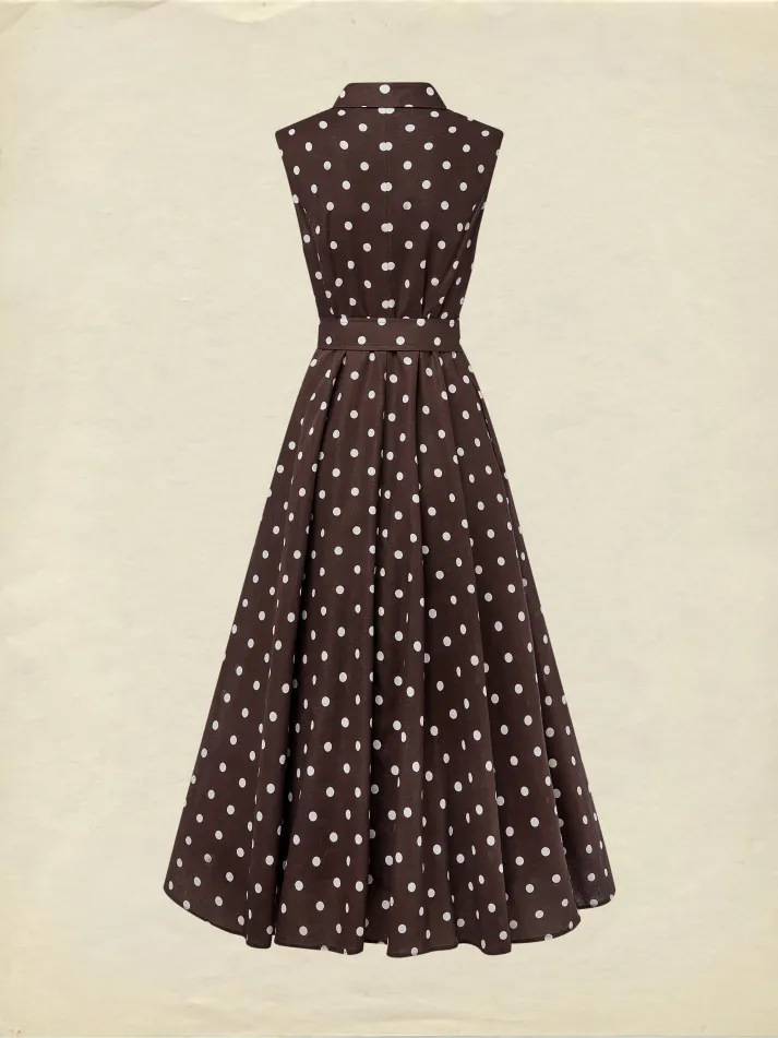 Midi Cotton Dress , Sleeveless, Shawl Collar, Polka Dots, Button Design, French Vintage, Coffee