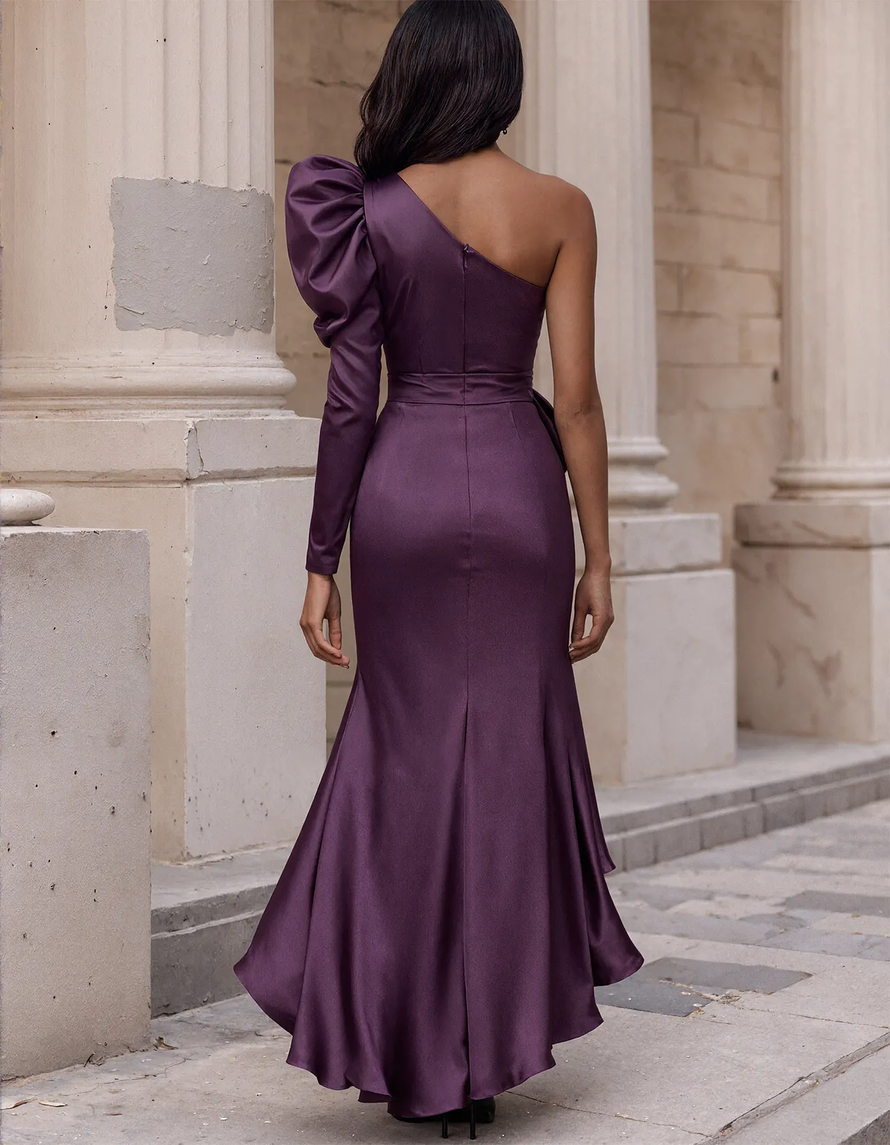 Purple Satin One Shoulder With Puffed Long Sleeves Maxi Dress