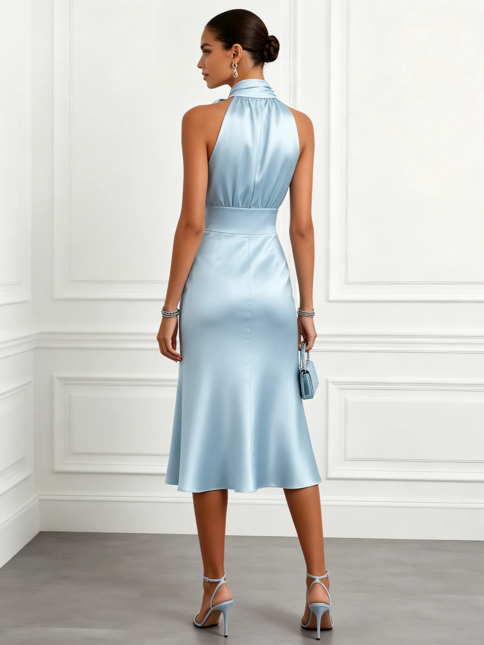 Light Blue Bow Satin Halter Neck Sleeveless Mermaid Midi Dress