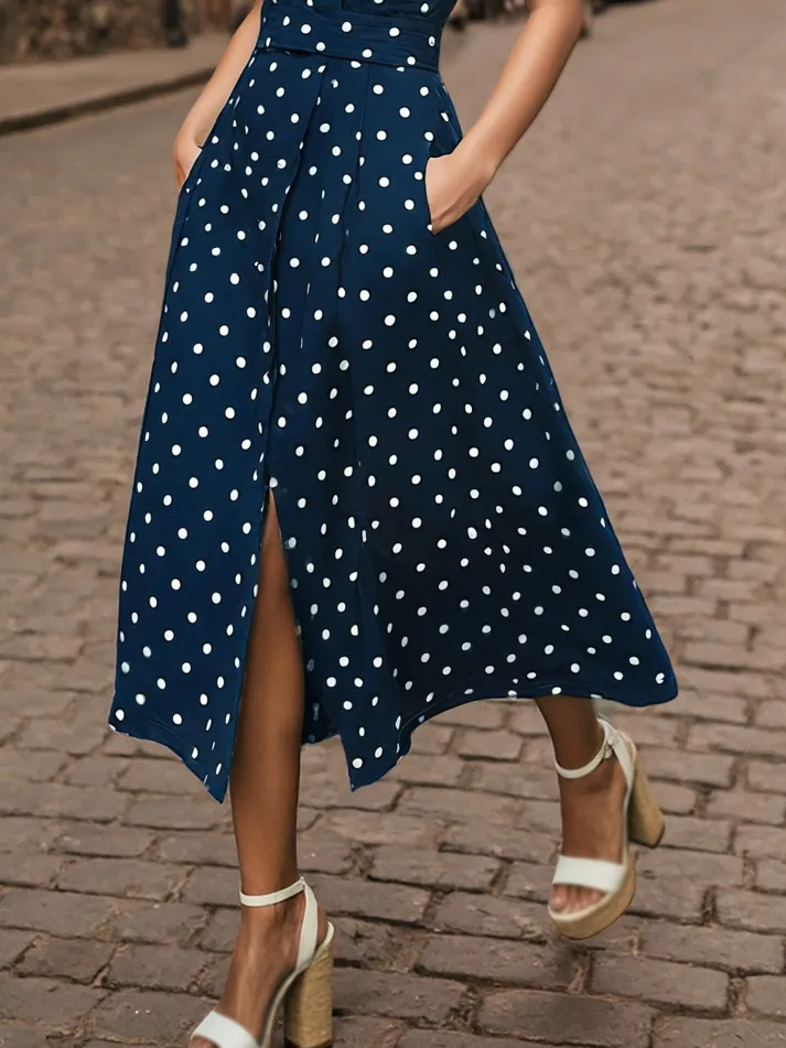 Midi Cotton Dress , Sleeveless, Shawl Collar, Polka Dots, Button Design, French Vintage, Coffee