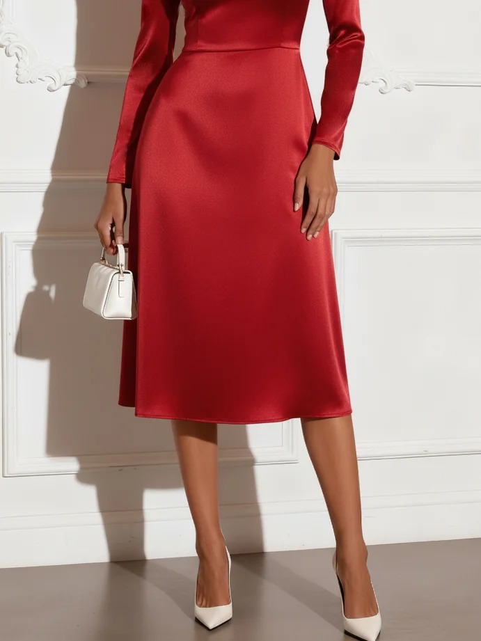Red Rhinestone Satin Square Neck Long Sleeve Sheath Midi Dress