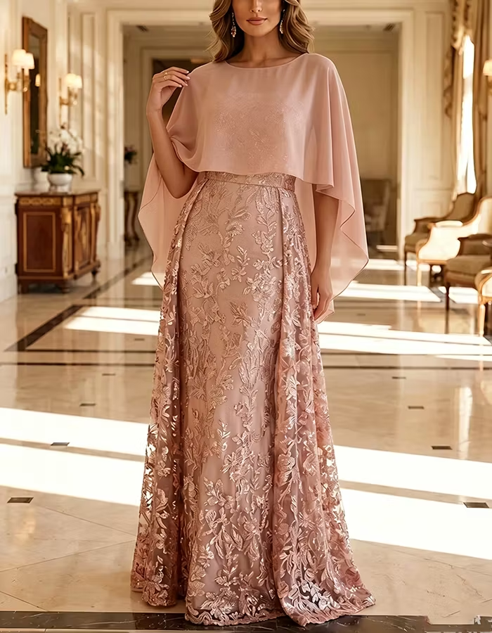 Pink Round Neck Cape Overlay Floral Sequin Lace Maxi Dress