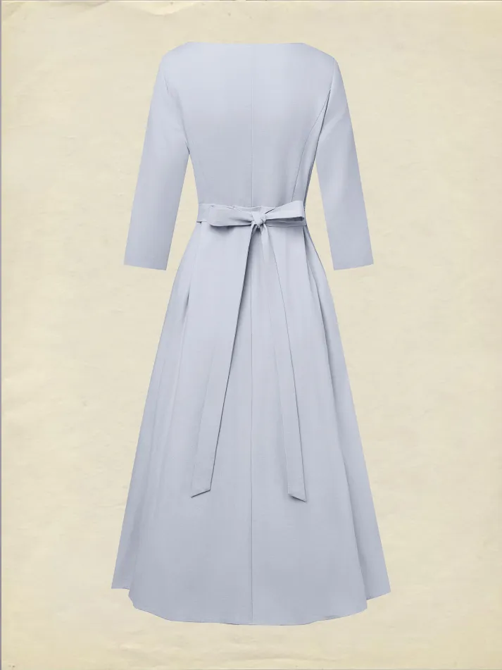 Midi Linen Dress, Half Sleeve, Shawl Collar, Plain, Button Design, French Vintage, lavender