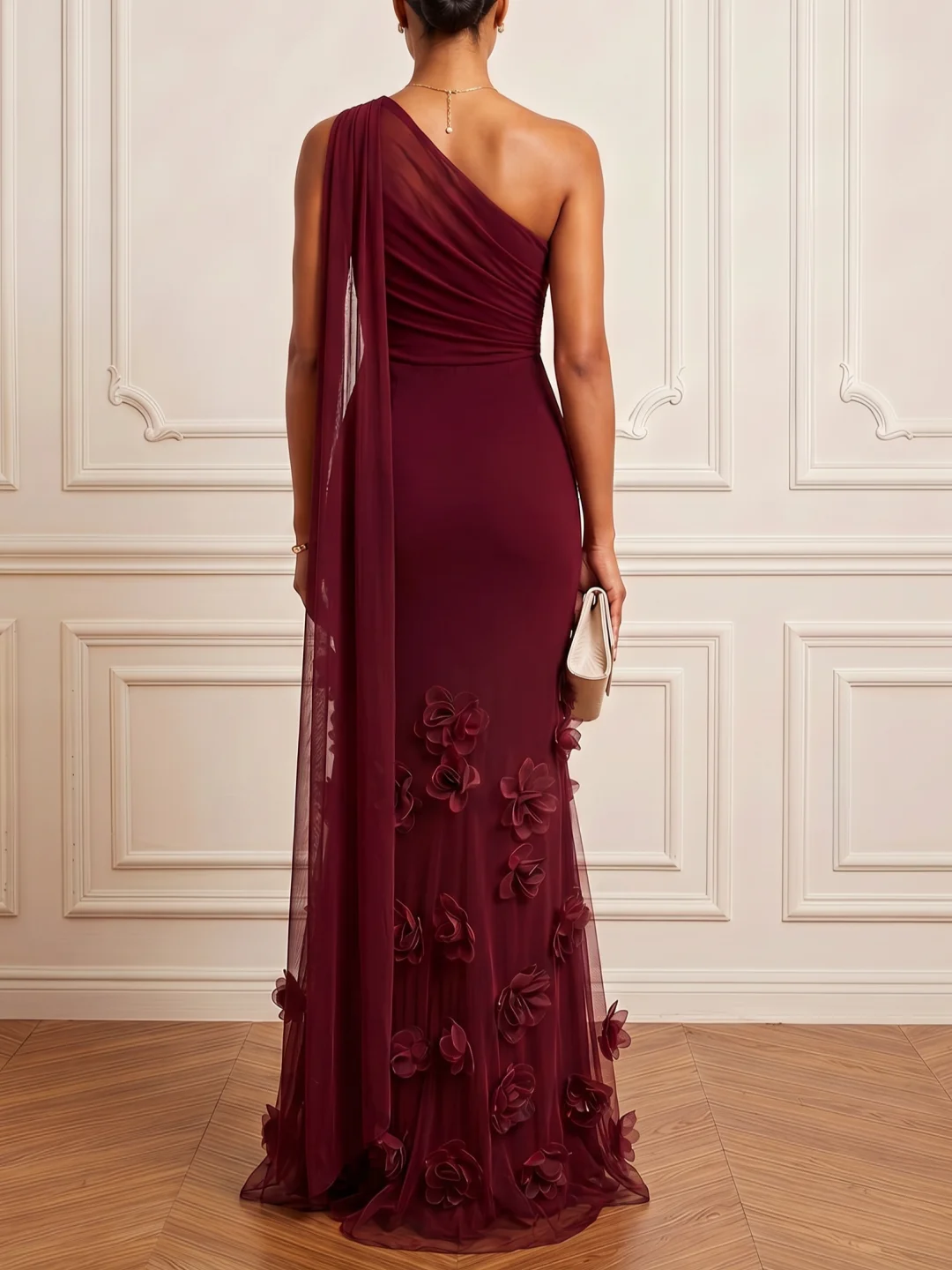 Wine Red 3D Floral 3D Floral Tulle One Shoulder Sleeveless Mermaid Floor-length Gown Dress