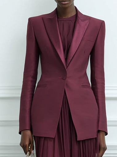 Women Wine Red Shawl Collar Long Sleeve Dressy Dress With Coat Two-Piece Set