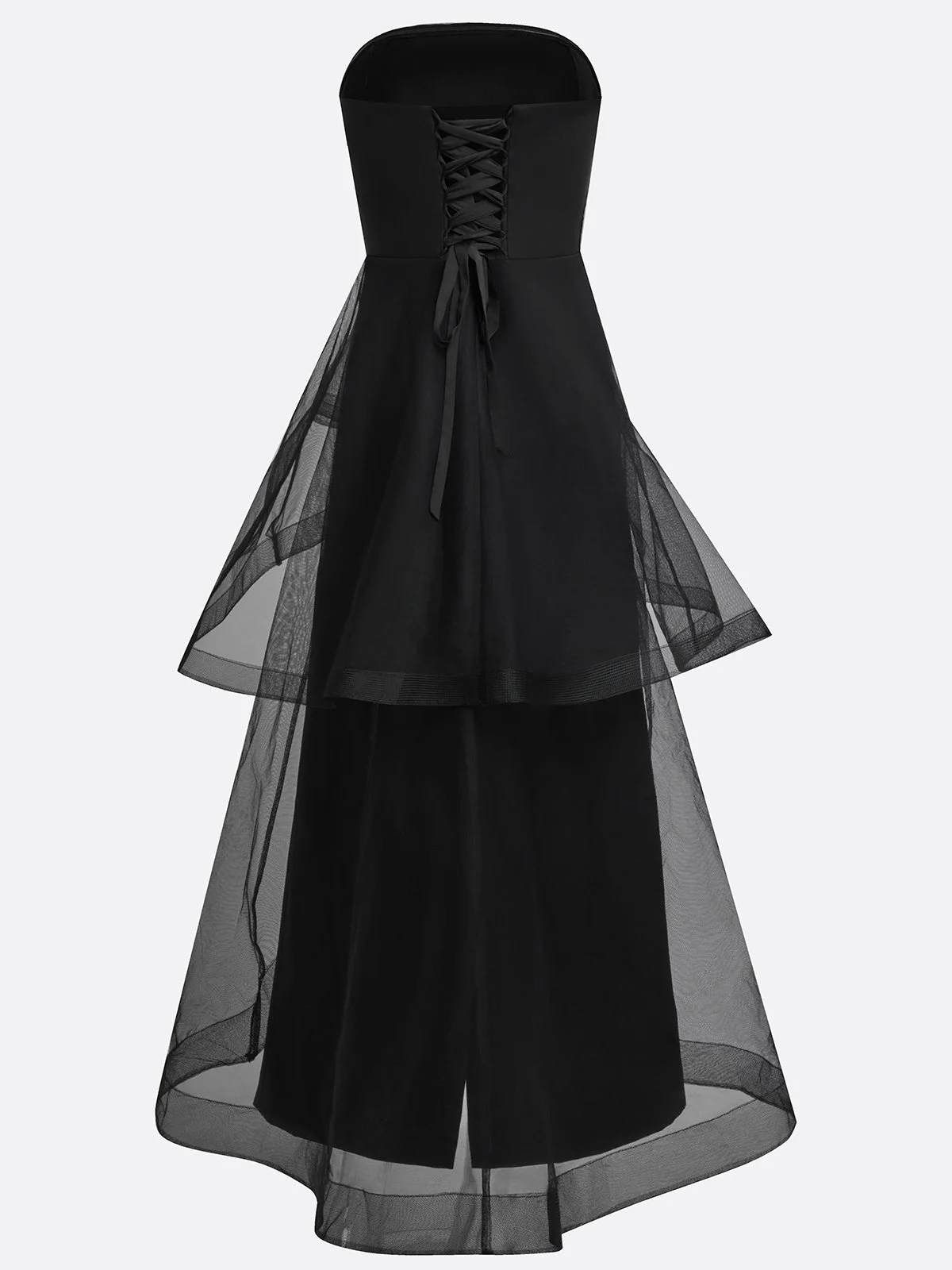 Black Mesh Ruffled Satin Strapless Sleeveless A-Line Floor-length Gown Dress