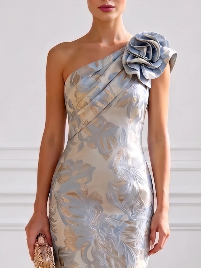 Blue Jacquard 3D Floral Classic One Shoulder Sleeveless Sheath Maxi Dress