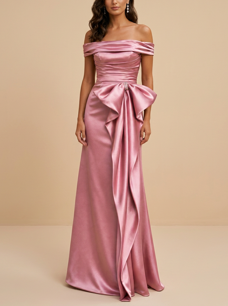 Dusty Pink Off-the-Shoulder Satin Ruched Draped Mermaid Formal Maxi Dress