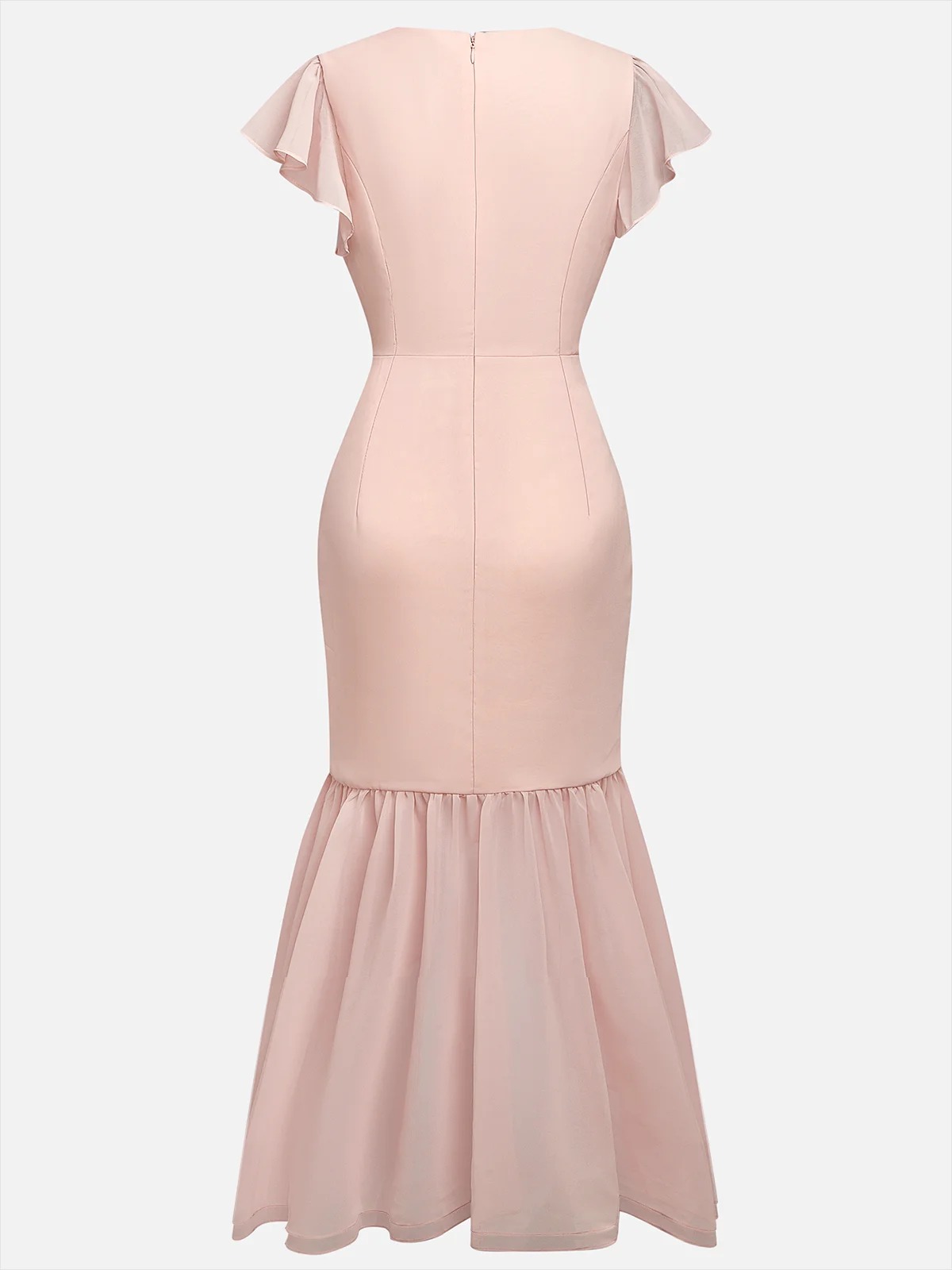 Pink Shirred Ruched Chiffon Lotus Leaf Collar Cap Sleeve Ruffle Sleeve Mermaid Midi Dress