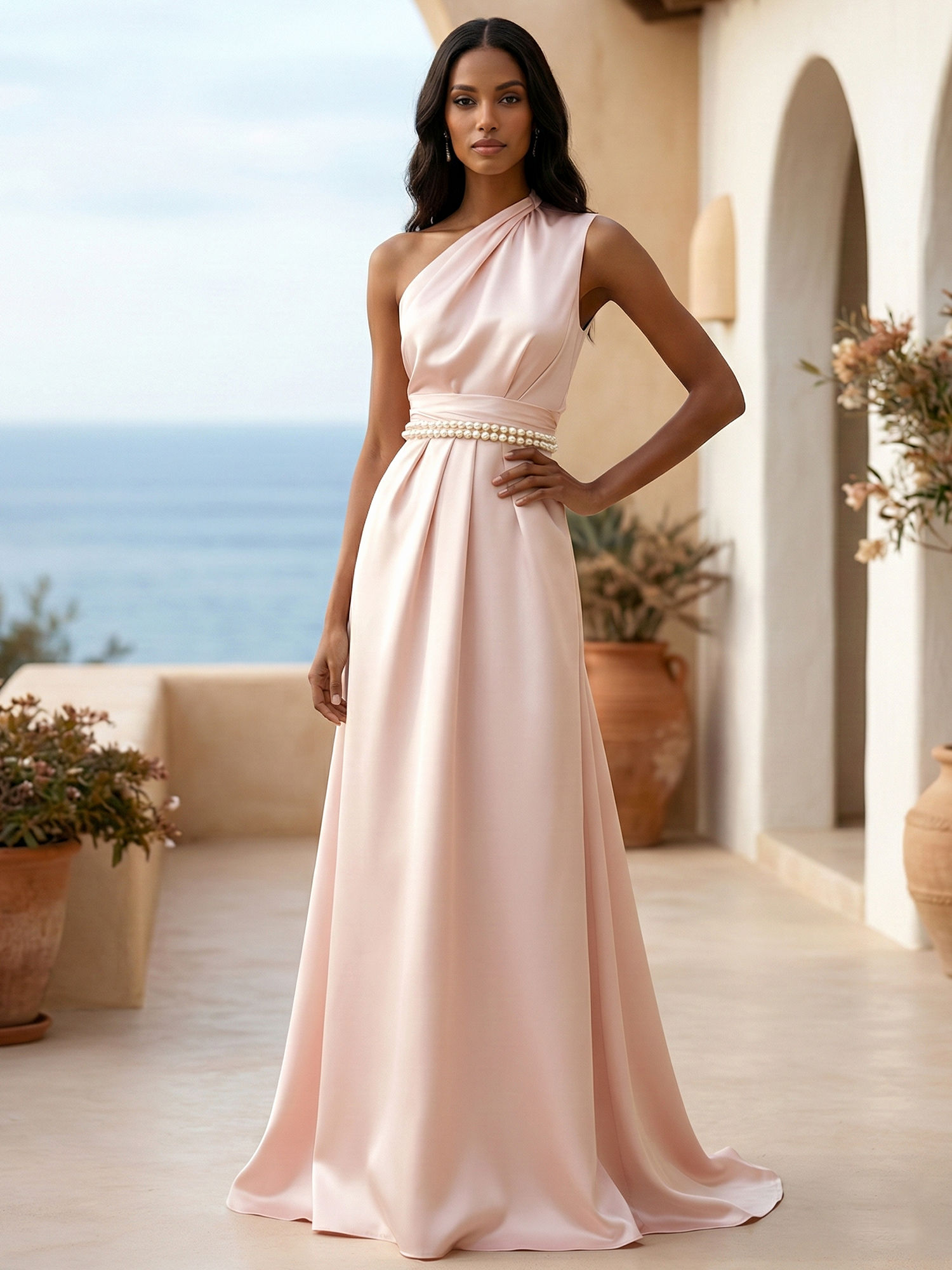 Pink Pearl Satin One Shoulder Sleeveless A-Line Gown Dress
