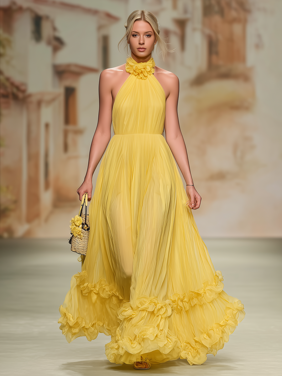 Yellow Casual And Comfortable Halter-neck Sleeveless Chiffon Long Dress