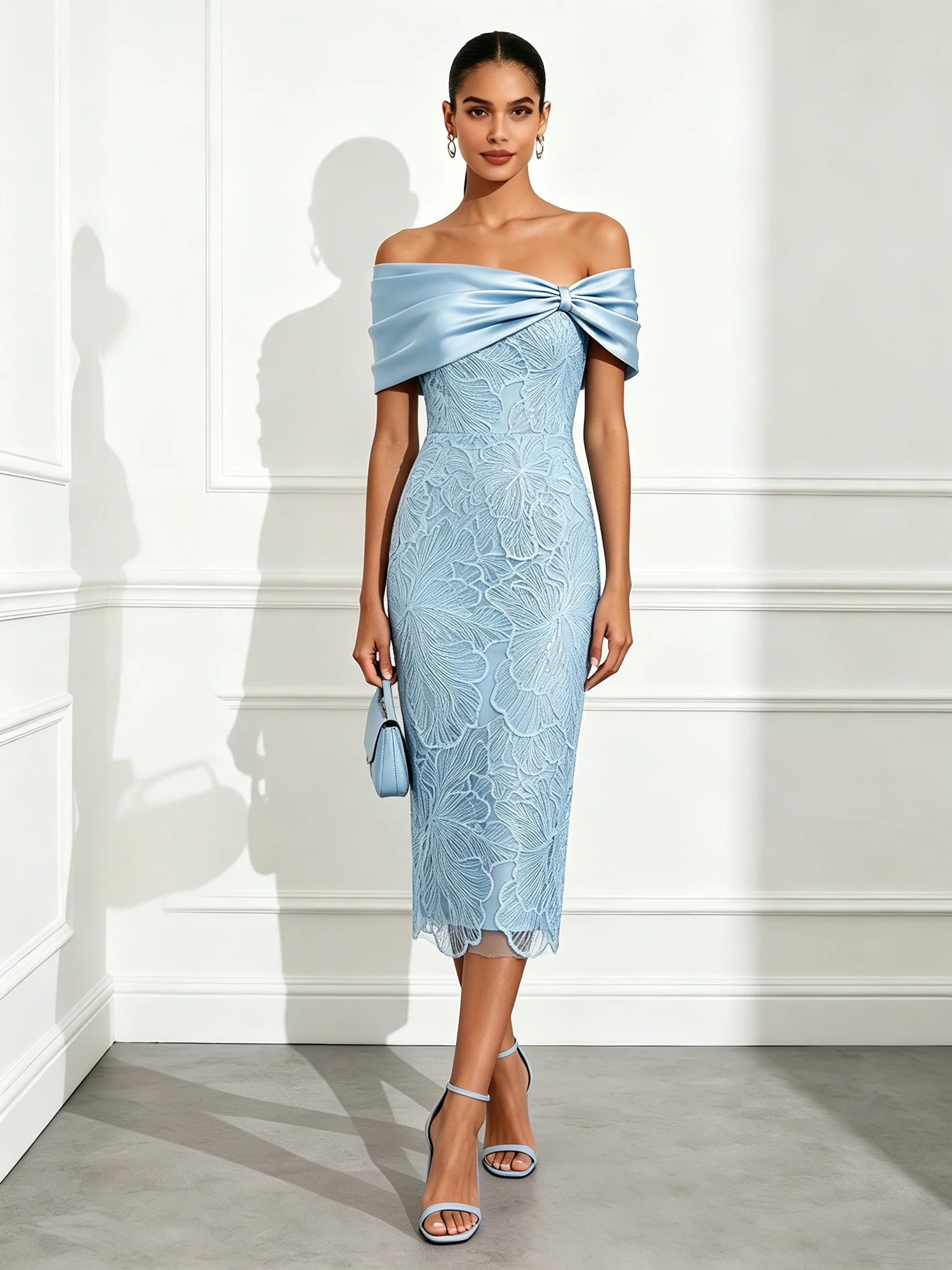 Light Blue Lace Off The Shoulder Sleeveless Sheath Midi Dress
