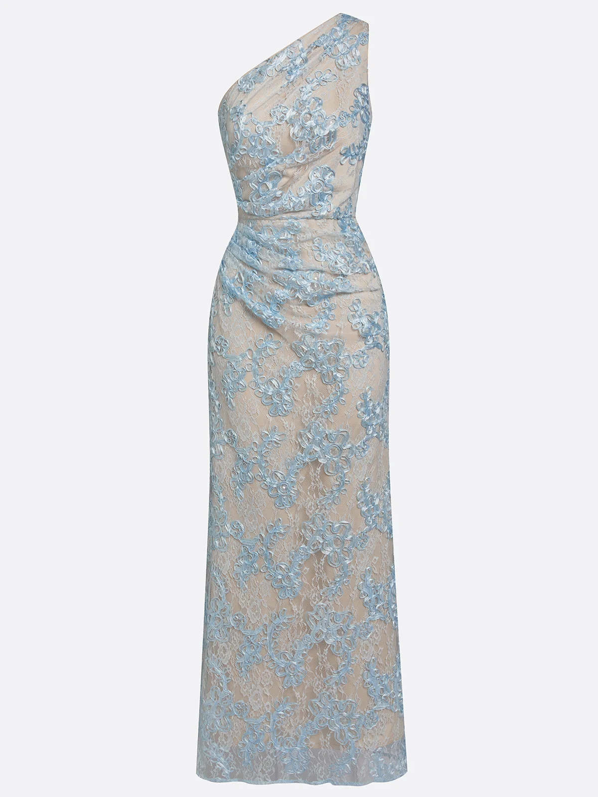 Light Blue Lace Jacquard One Shoulder Sleeveless Mermaid Floor-length Gown Dress