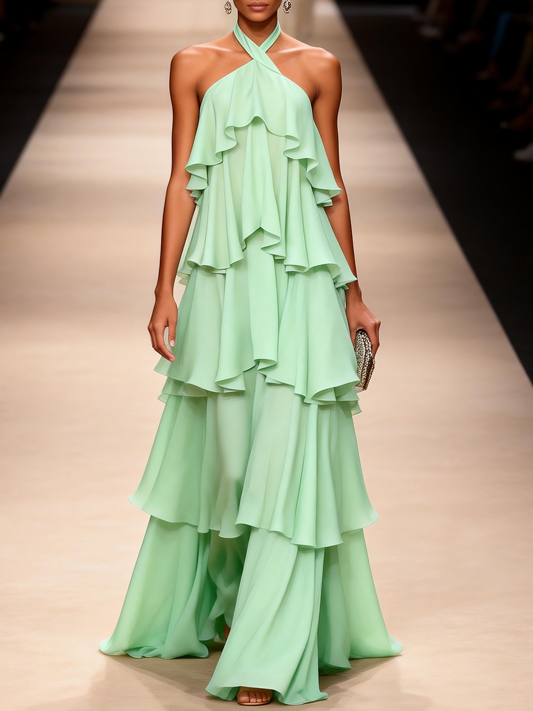 Light Green Ruffled Chiffon Halter Sleeveless A-Line Maxi Dress