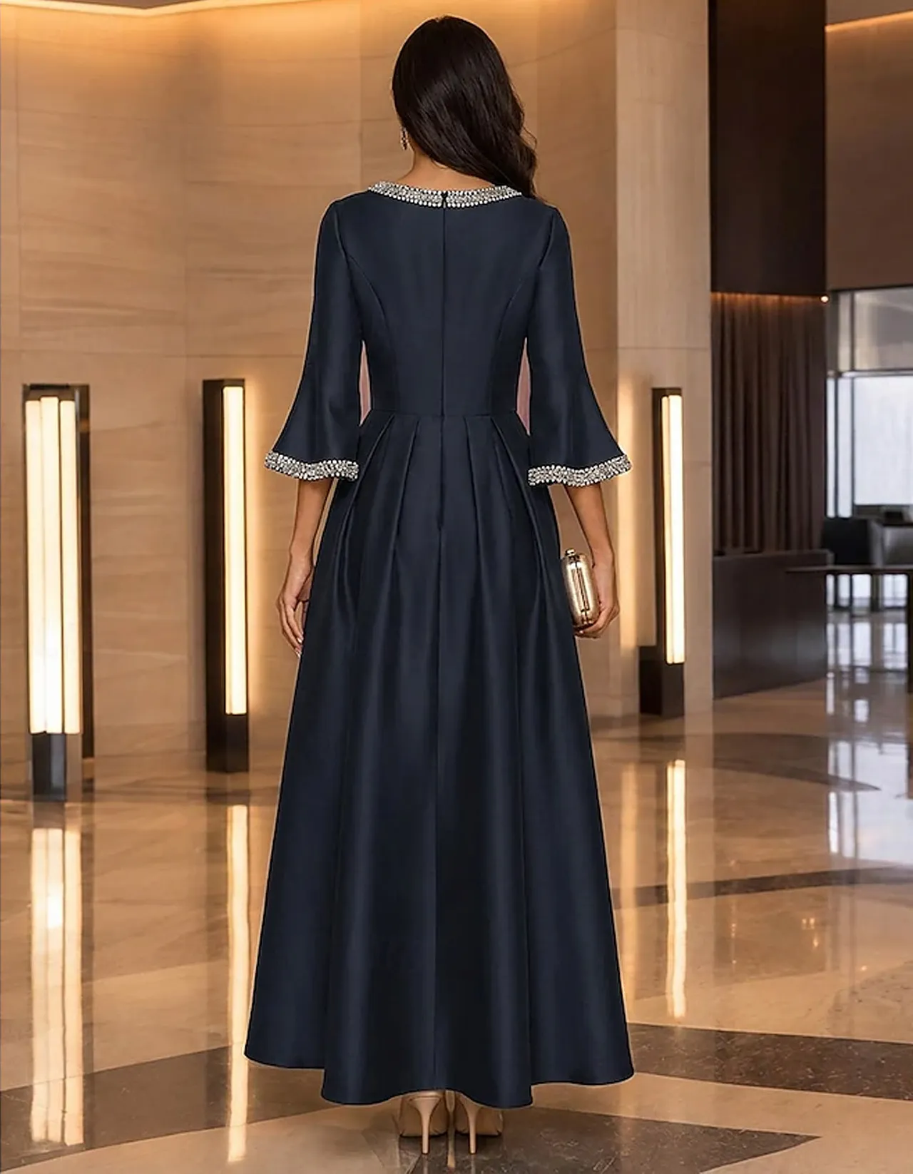 Navy Blue Satin Sequin Crew Neck Maxi Dress