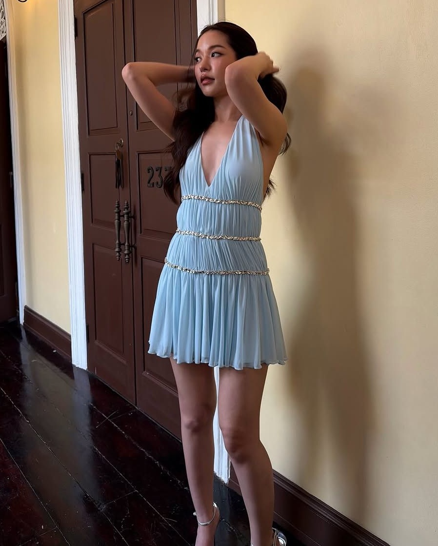Light‑Blue Halter Deep V Mini Dress Rhinestone Tiered Chiffon Skirt
