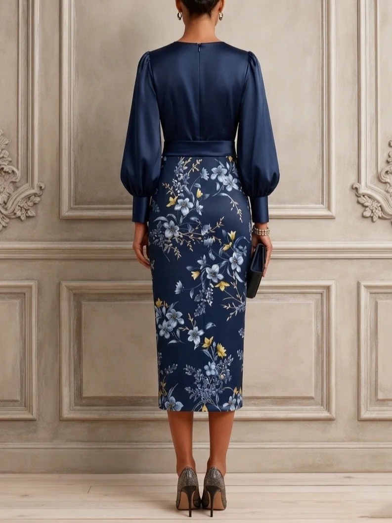 Purplish Blue Floral Satin Cross Neck Long Sleeve Balloon Sleeve Sheath Midi Dress