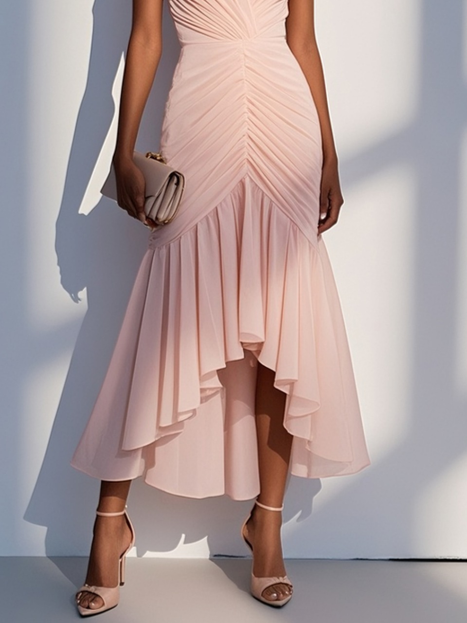 Pink Shirred Ruched Chiffon Lotus Leaf Collar Cap Sleeve Ruffle Sleeve Mermaid Midi Dress