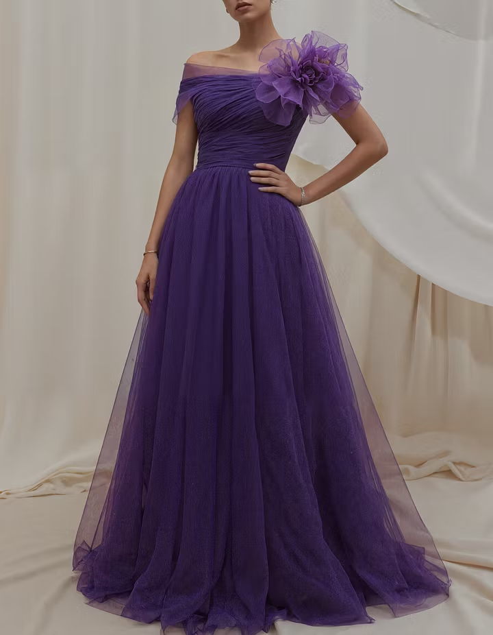 Dark Purple Tulle Off-the-Shoulder 3D Floral High Slit Maxi Dress
