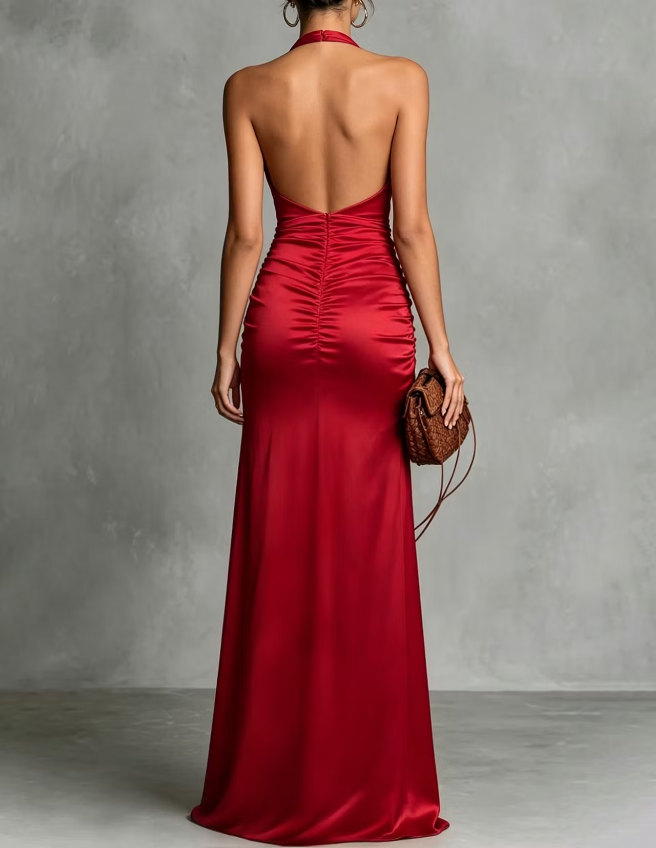 Halter Deep V Ruched Satin High Slit Evening Maxi Dress