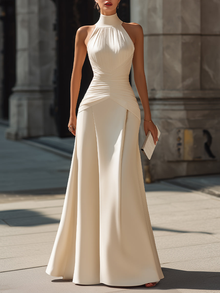 White Halter Neck Draped Maxi Dress With Sculpted Waist