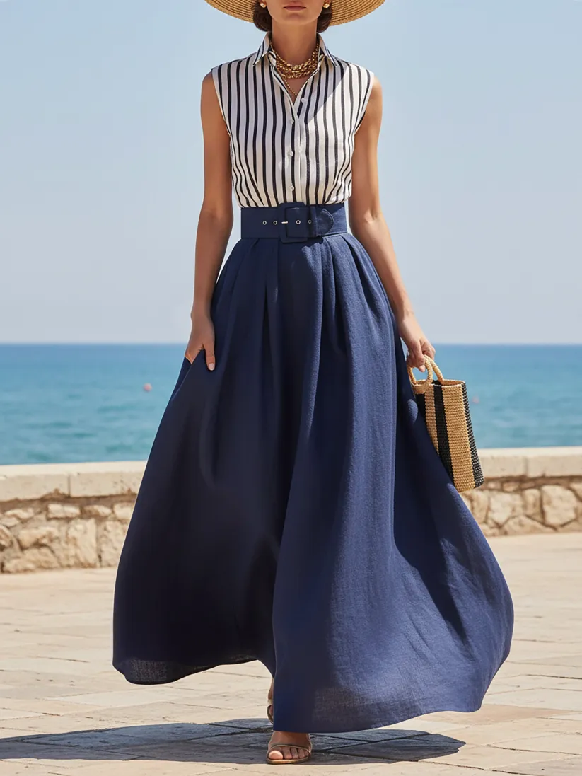 Maxi Cotton Set, Sleeveless, Shawl Collar, Striped, Button Design, Vacation, Vintage, Blue