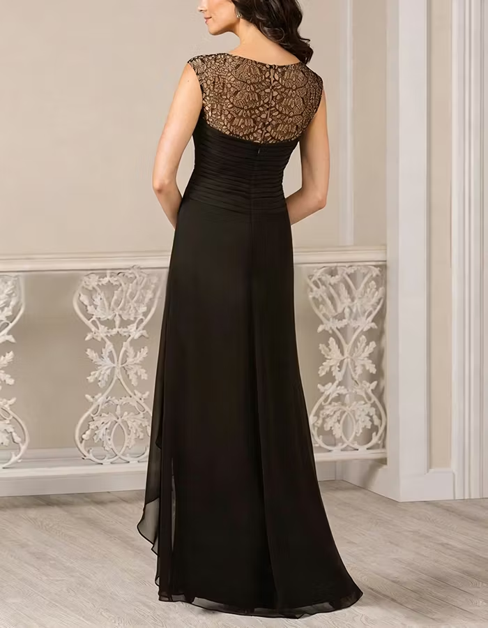 Black And Gold Lace Ruffled Chiffon Slit Maxi Dress
