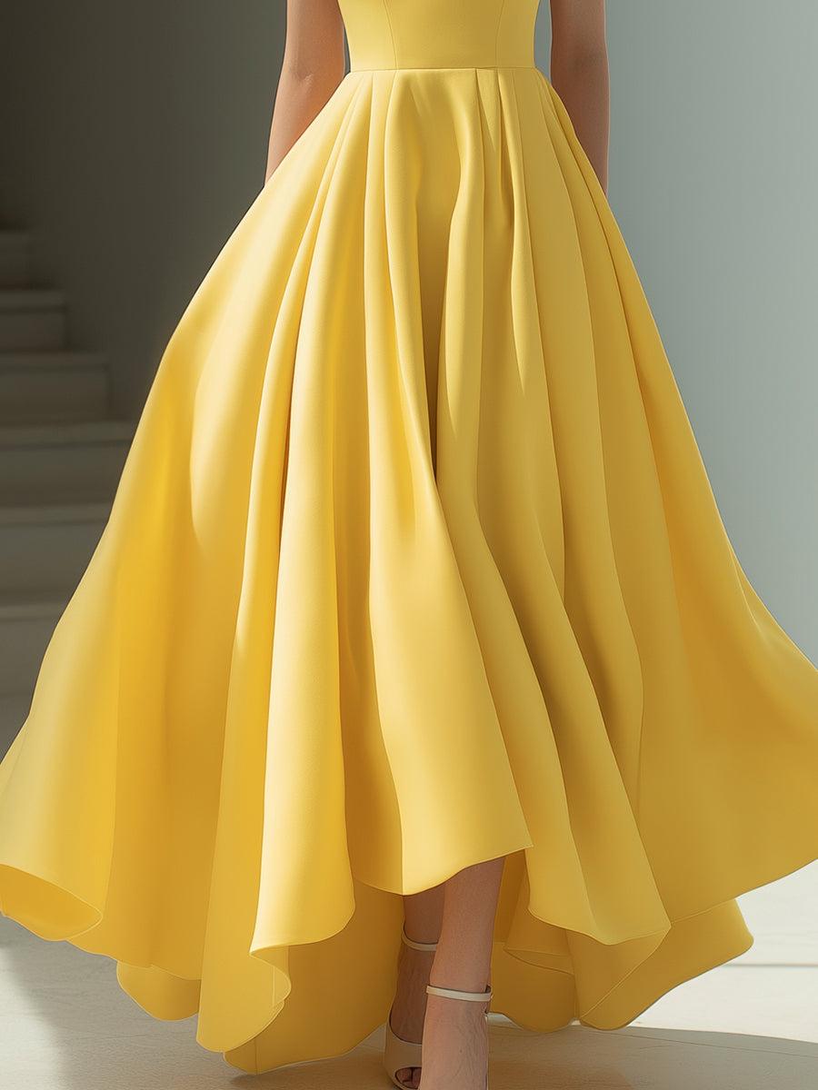 Yellow One-Shoulder Floral-Embellished Midi Dress